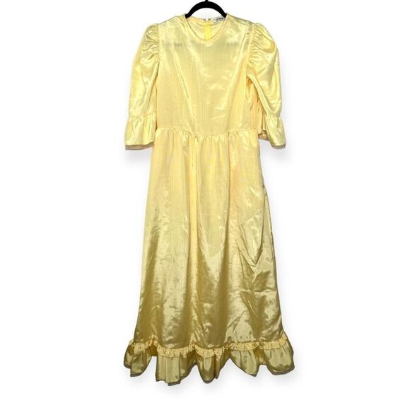 Batsheva Collarless Kate Dress Yellow Moire Maxi Ruffle Hem Lace Trim, Size 6 - Picture 3 of 12
